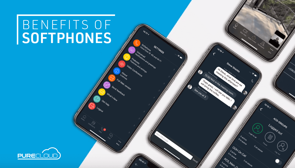 Screenshots of mobile phones with text saying "benefits of softphones"