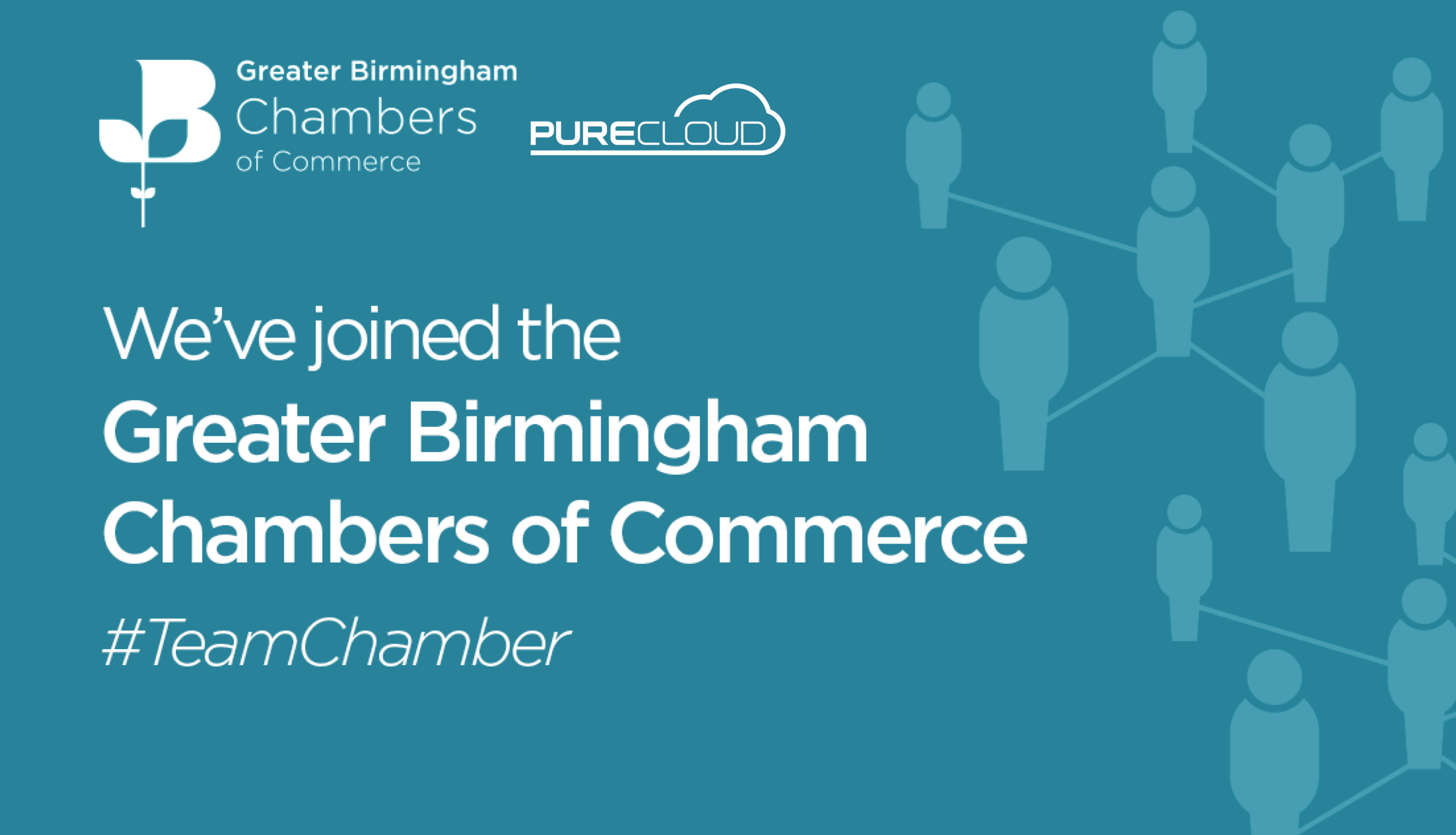 Graphic announcing PureCloud's membership in the Greater Birmingham Chambers of Commerce with a network of abstract figures.