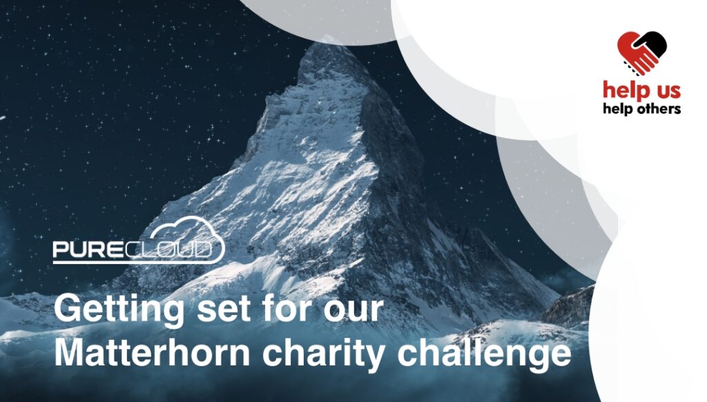 Matterhorn mountain with a snowy peak, accompanied by the PureCloud logo and charity challenge text.