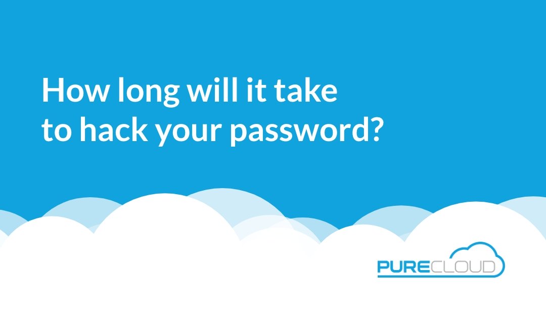 Text asking 'How long will it take to hack your password?' on a blue background with clouds and the PureCloud logo.