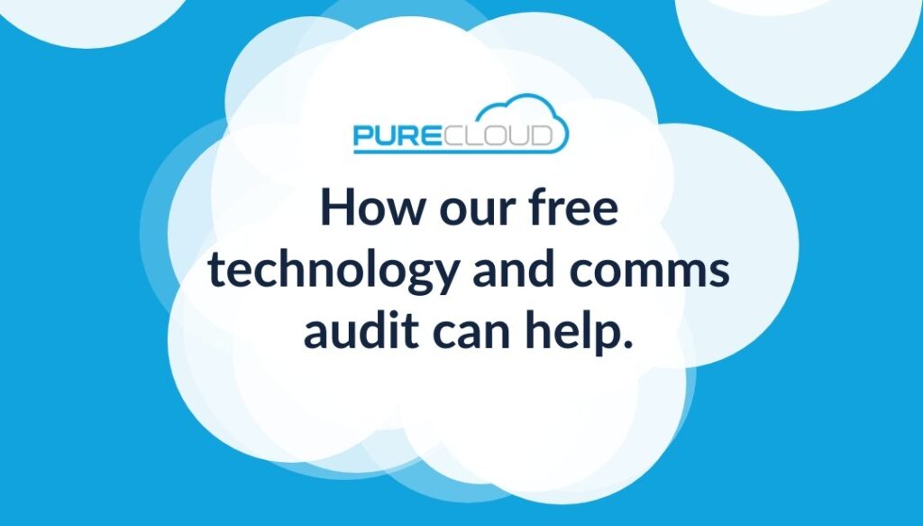 Text on a blue background stating 'How our free technology and comms audit can help' with the PureCloud logo.