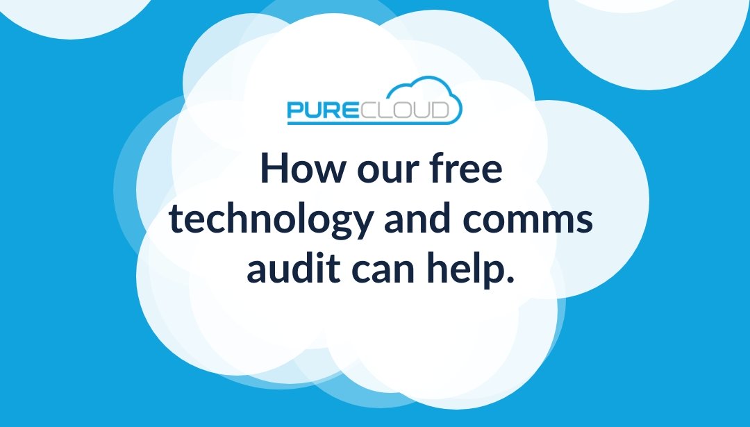 Text on a blue background stating 'How our free technology and comms audit can help' with the PureCloud logo.