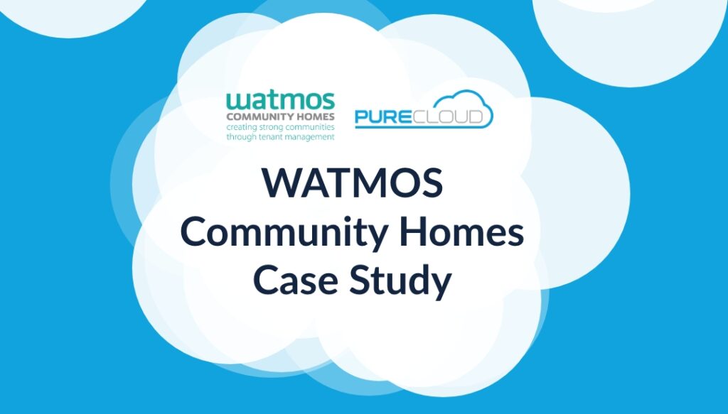 Watmos Community Homes case study title displayed on a blue background with cloud graphics and PureCloud logo.