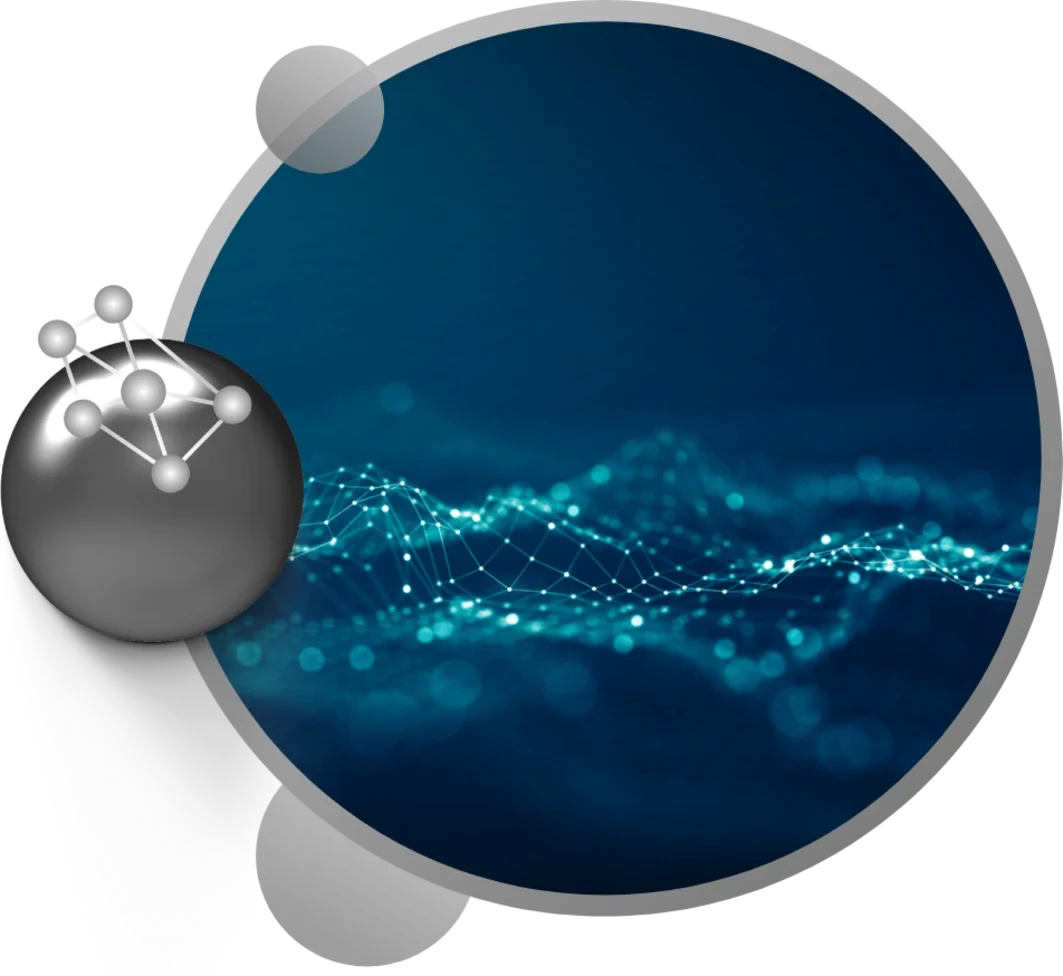 Abstract representation of connectivity with a spherical element and a wave-like pattern in blue tones.