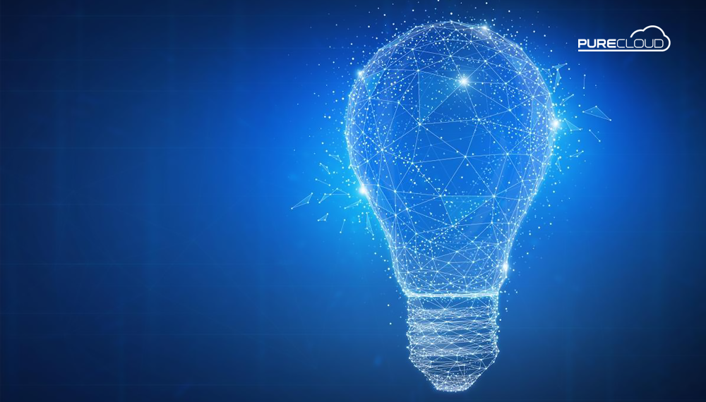 Digital representation of a light bulb composed of interconnected geometric shapes and glowing particles on a blue background.