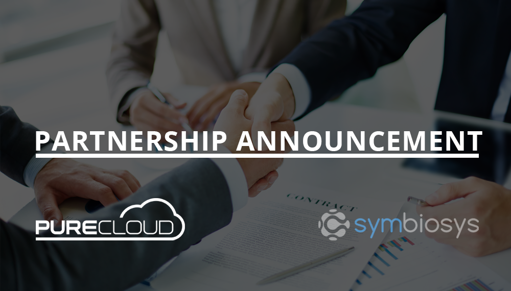 Handshake between two individuals with a contract on the table, indicating a partnership announcement between PureCloud and Symbiosys.