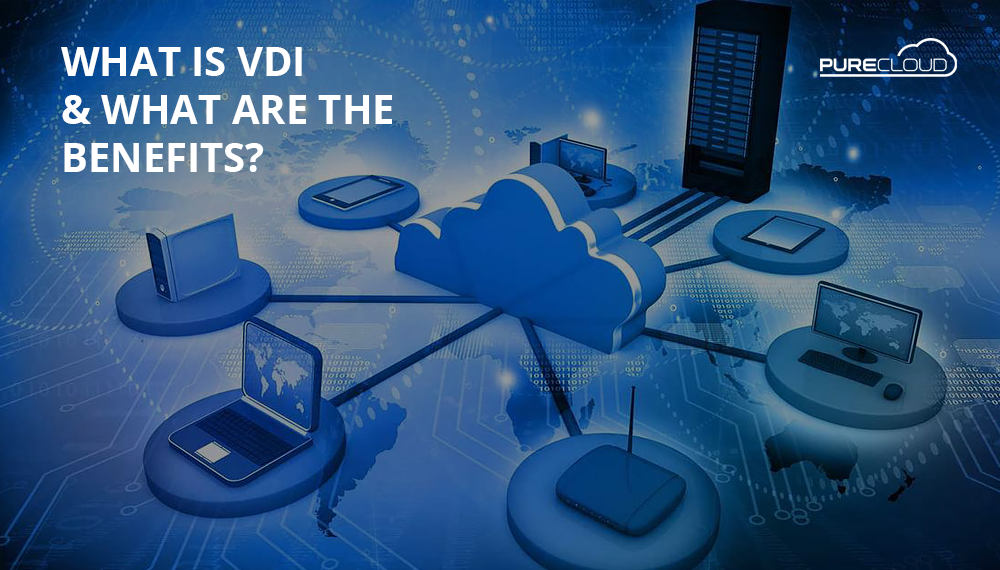Graphic illustrating Virtual Desktop Infrastructure (VDI) with cloud computing and connected devices like laptops and servers.