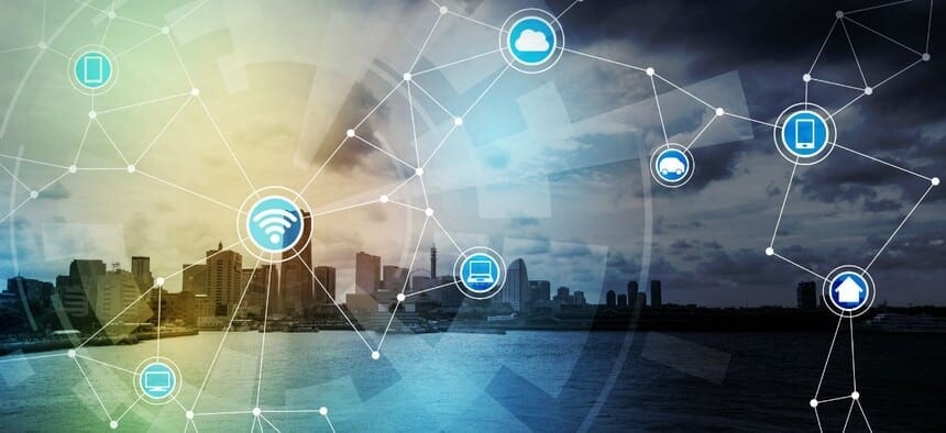 City landscape with abstract icons representing "connectivity in digital Britain"